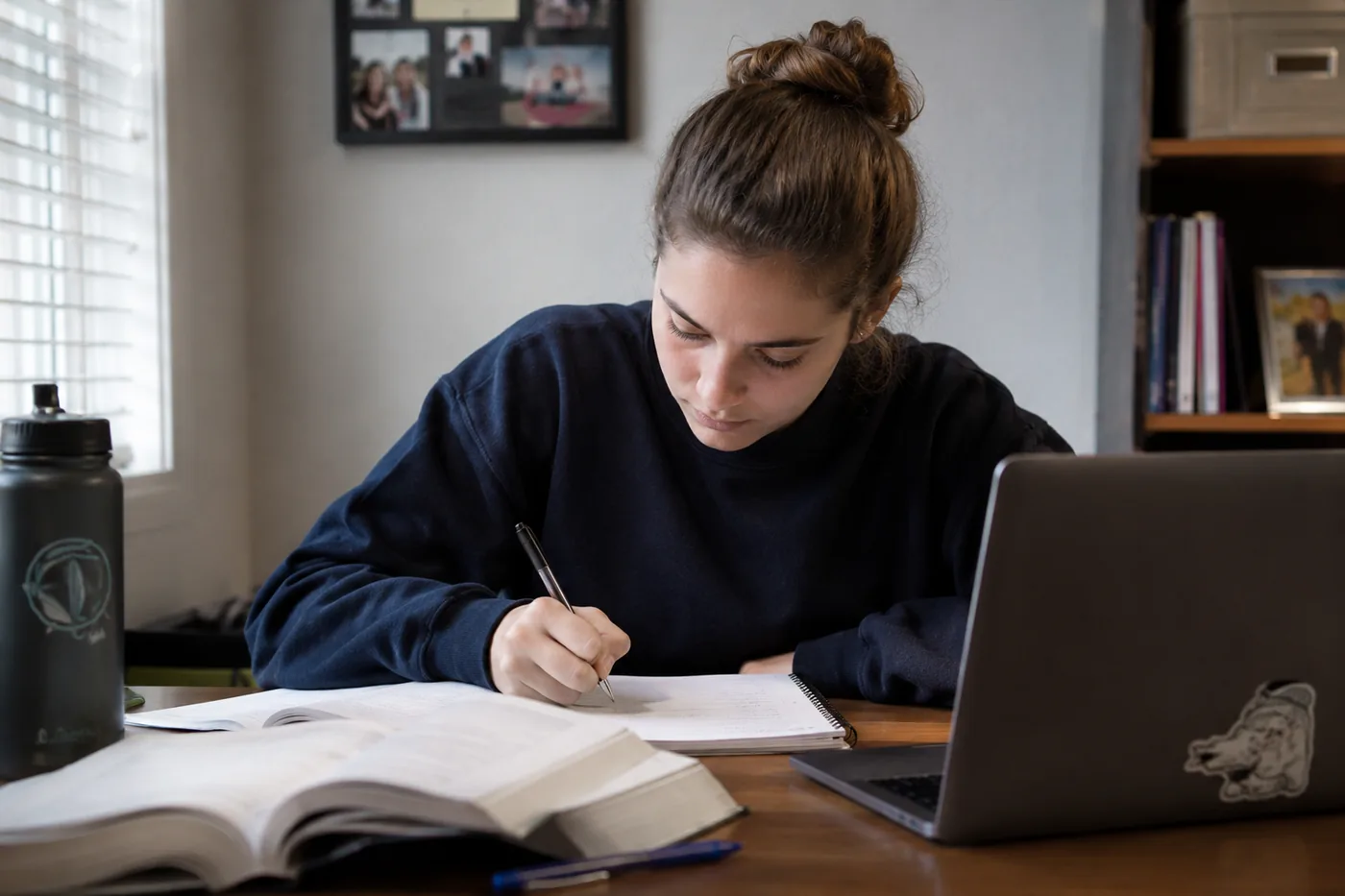 A student writing notes at a desk at home, working beside an open textbook and laptop